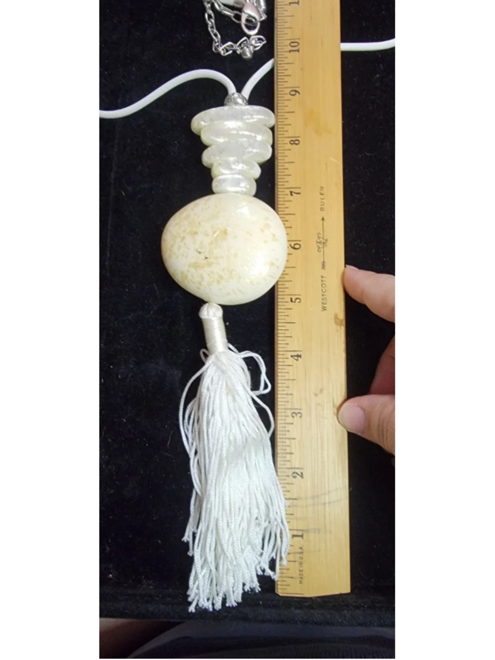 Chico’s White Tassel Statement Necklace Oversized Bead Pendant Boho Resort
